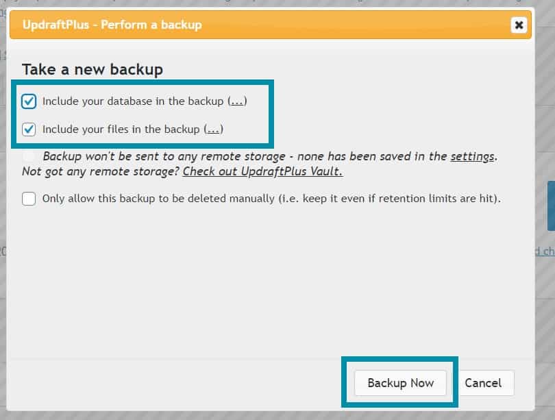 WordPress Website Backup selection