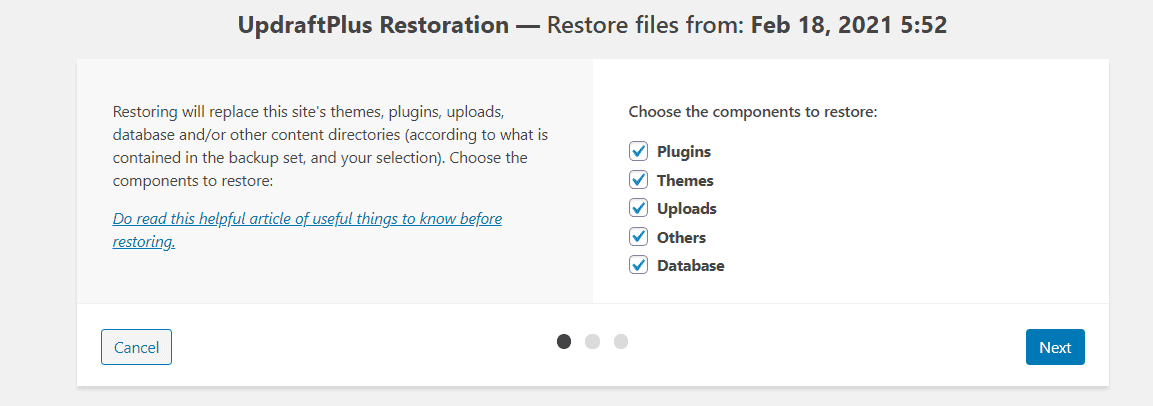 Updraftplus Restoration clicks