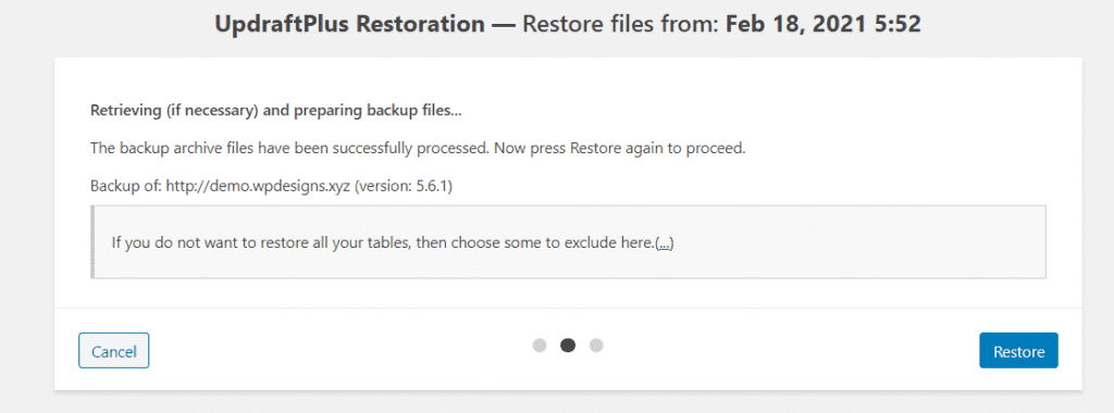 Updraftlplus Restore in Progress
