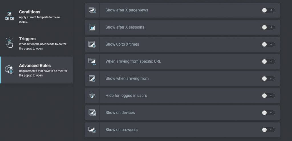 Advanced rules for popup