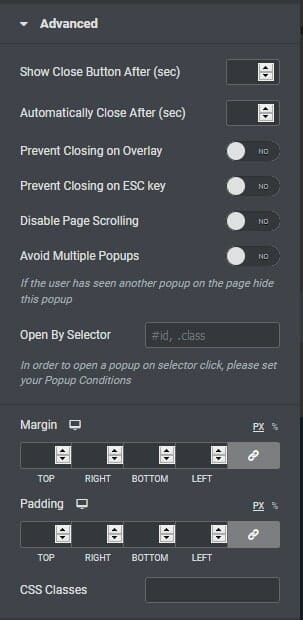 Advanced settings for popup