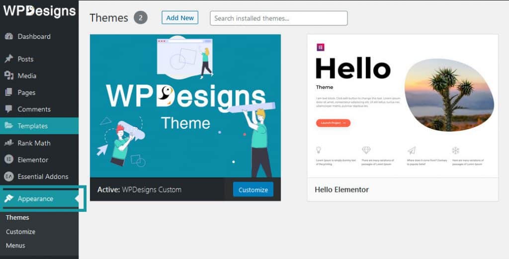 Appearence tab in WordPress