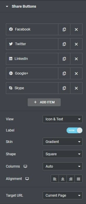 Content settings for share buttons widget