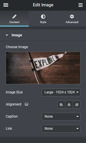 Content tab interface of image widget