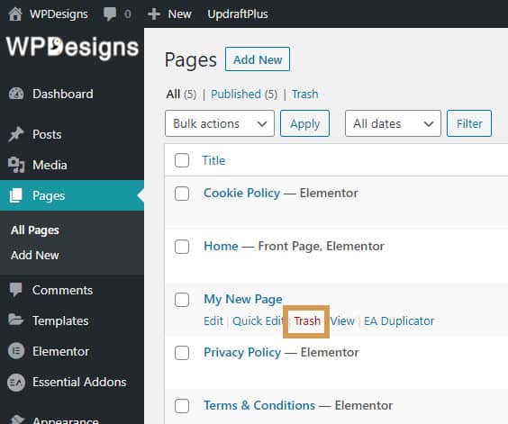 Deleting WordPress Page
