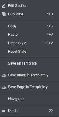 Dropdown otions from right click above the section