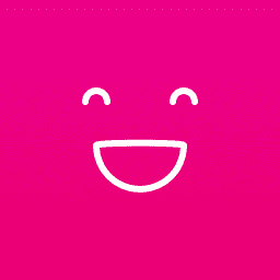 A smiley face icon on a pink background.