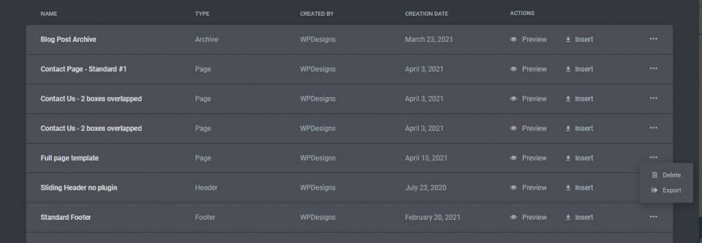 Import, export and delete options