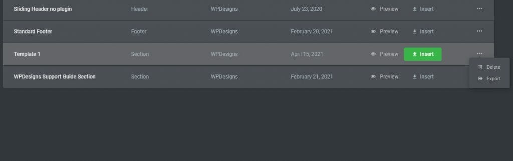 Insert, export and delete options of template