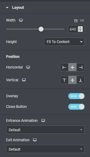 Popup layout setting