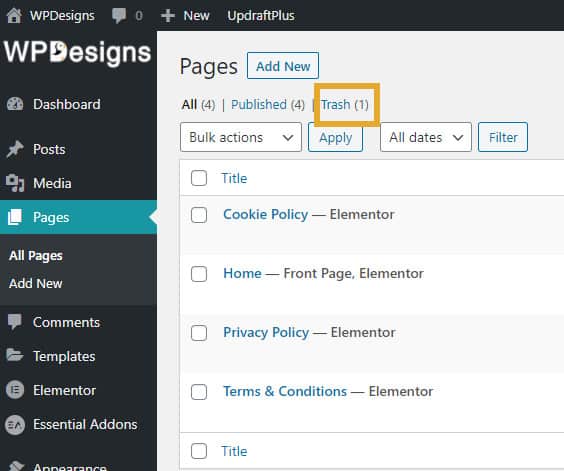 Trashed WordPress Page