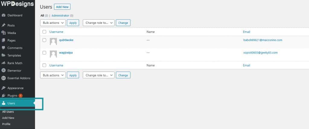 User tab in WordPress