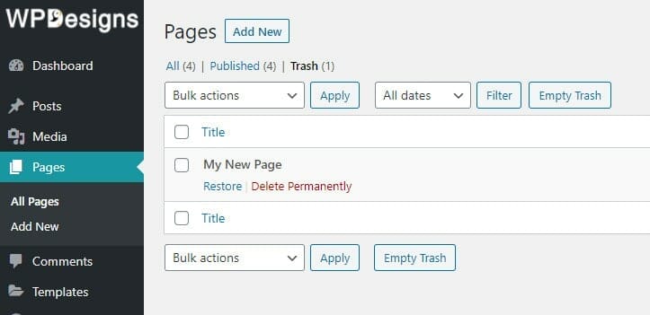 A screen shot of the wp designs page.