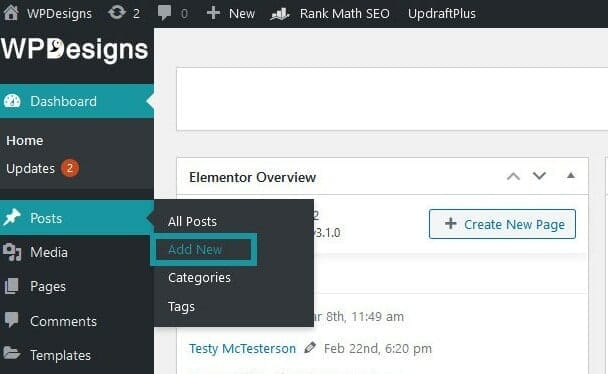 A screen shot of a wordpress page with the wpdesigns option highlighted.