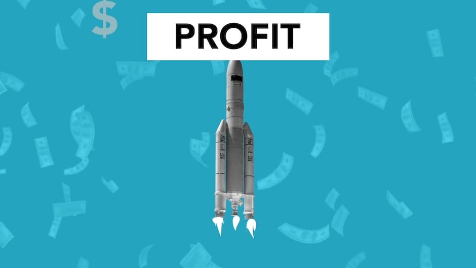 Illustration of rocket flying falling money banknotes