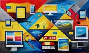 A colorful abstract illustration featuring various digital devices, screens, and tech icons arranged geometrically, representing web design and modern technology.