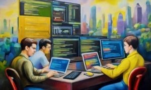 Three people seated at a desk work on laptops surrounded by multiple large monitors displaying code, with a blurred cityscape in the background.