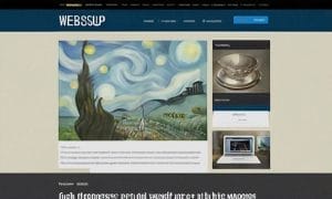 A website homepage displays a stylized painting resembling Van Gogh's "Starry Night," a photo of a metallic dish, and a laptop image in a sidebar, with navigation menus above.